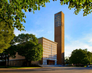 The exterior of First Christian Church in Columbus, Indiana.